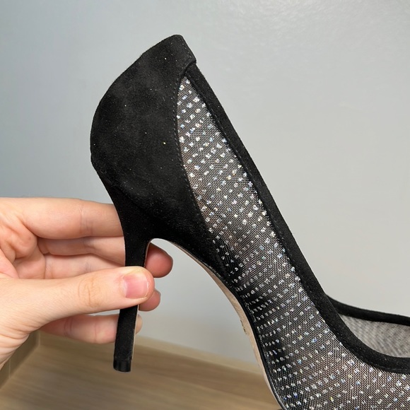 Worn twice Stuart Weitzman Tasha 100 mesh suede pointed sparkle heels 8.5 box - Picture 8 of 15